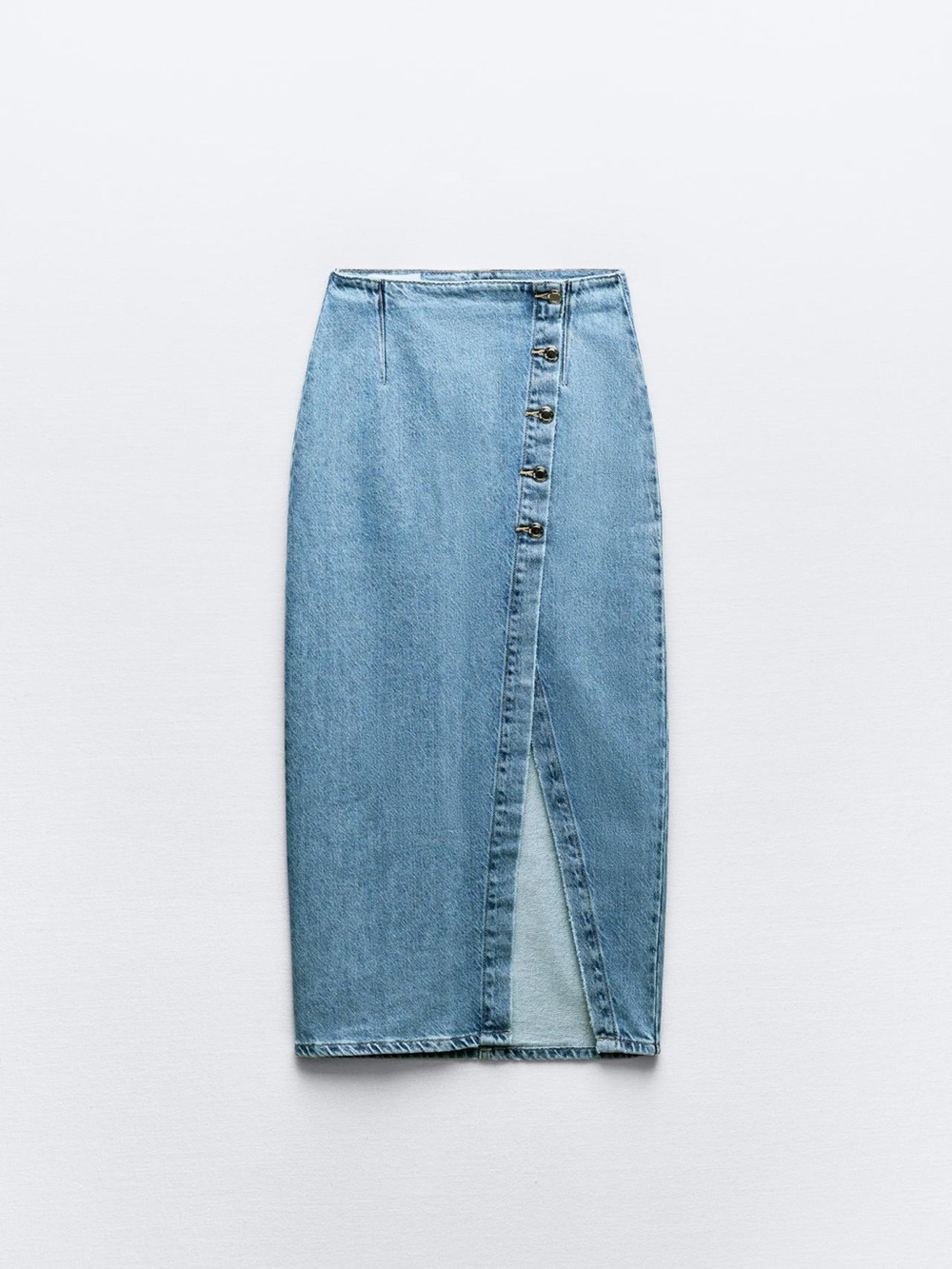 Zara Light Blue Denim Midi Skirt with Side Button Detailing